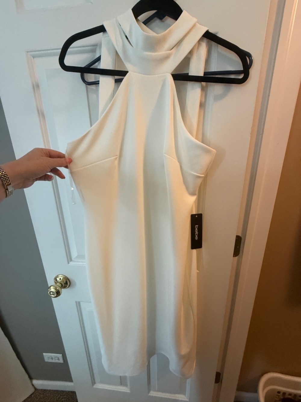 bebe White Halter Midi Dress with High Neck